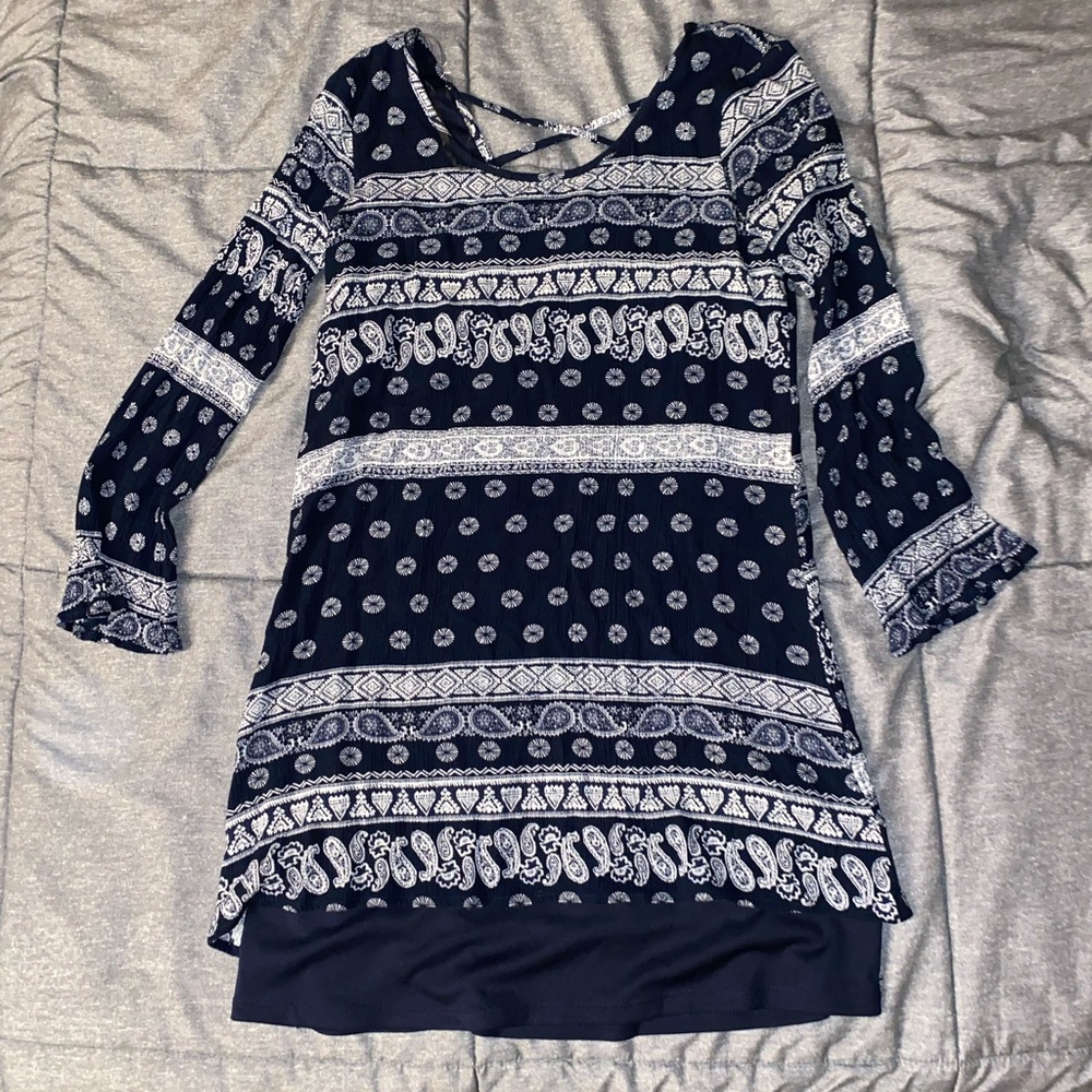 Charlotte Russe paisley print navy and white dress with cross cross straps